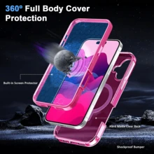 For IPone 16/15/14/13 Series Full Body Shockproof Case With Magnetic Invisible Stand [Compatible With MagSafe] Built-In Screen Protector Military Drop ProtectionTranslucent Phone Cover - Hot Pink - View 4