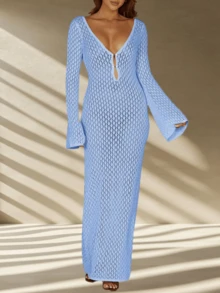 Womens Crochet Maxi Cover Up Dress Beach Swim Vacation Coverups Long Sleeve Sexy Bodycon Summer Knit Dresses - 藍色 - 查看 3
