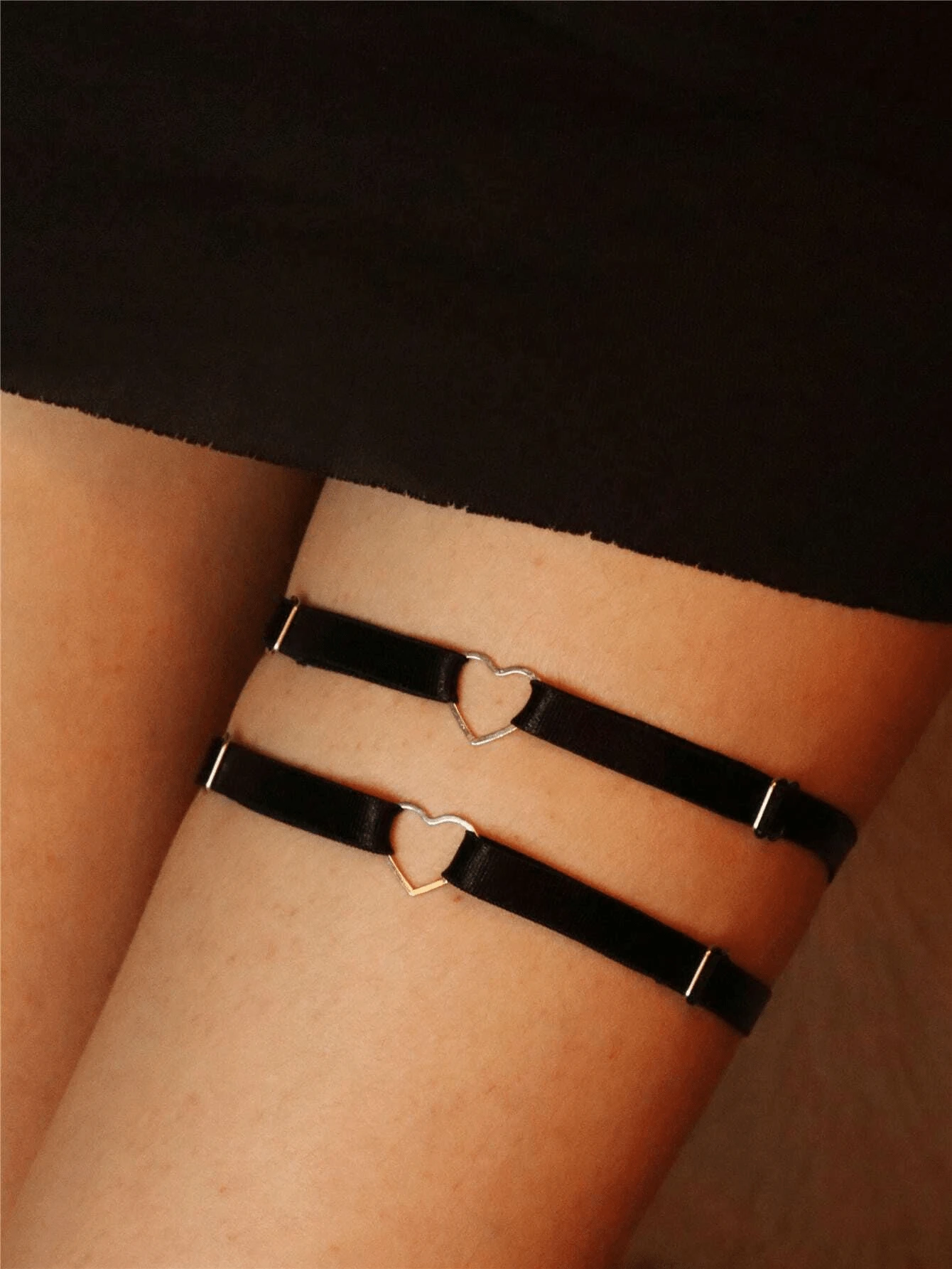 2pcs Set Elastic Leg Ring Adjustable Thigh Garter Belt With Heart Shape Punk Lolita Decor Suitable For Daily Wear - Black - View 1