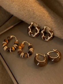 1 套环形耳环，锌合金 U 型耳环，适合女性，优雅百搭的珠宝，适合日常和度假 - 棕色 - 查看 1