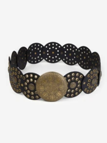 1pc Women's Metal Multicolor PU Leather Belt, Bronze Accessories Leopard Print Pattern, Fashion & Popular, Sports & Valentine's Gift, Round Buckle, Vintage Style, Waist Cincher, Versatile, Suitable For Daily Wear, Christmas, Wedding, Casual - Black - View 4