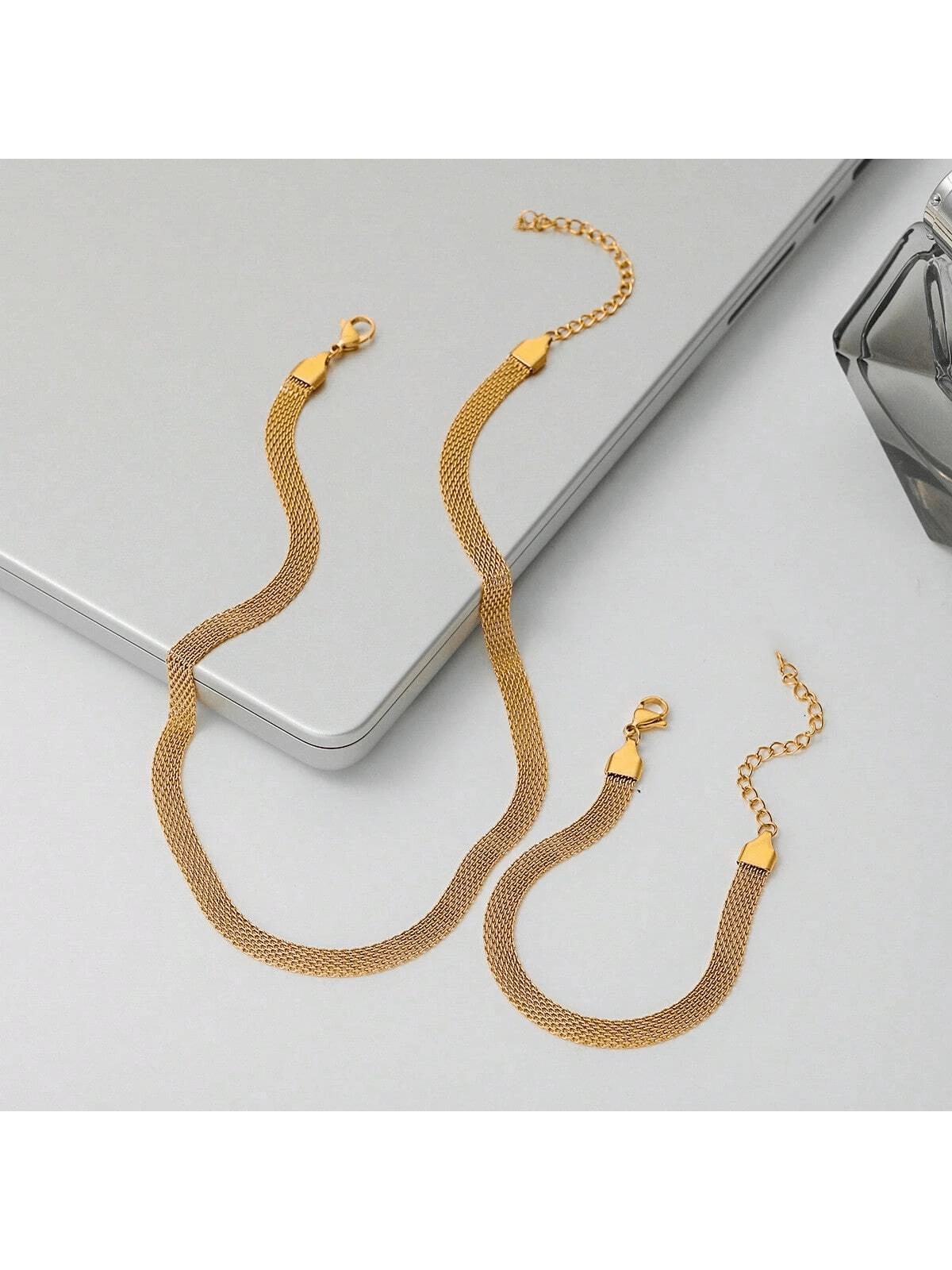 1 件/套 18K 不锈钢珠宝女士简约别致网状链条手链项链套装，优雅适合派对、约会、商务装 - 金黃色 - 查看 1