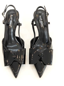 RevReaL Damen Lackleder Spitze Slingback Absätze - Eleganter Niedriger Kittenheel mit Schleifen Akzent, Luxus Party Hochzeit Sommer Elegant - Schwarz - Übersicht 6