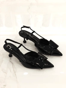 RevReaL Damen Lackleder Spitze Slingback Absätze - Eleganter Niedriger Kittenheel mit Schleifen Akzent, Luxus Party Hochzeit Sommer Elegant - Schwarz - Übersicht 5