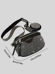 Bolso bandolera, riñonera y bandolera para el pecho con monedero para mujer, con detalles de pedrería, brillo y strass