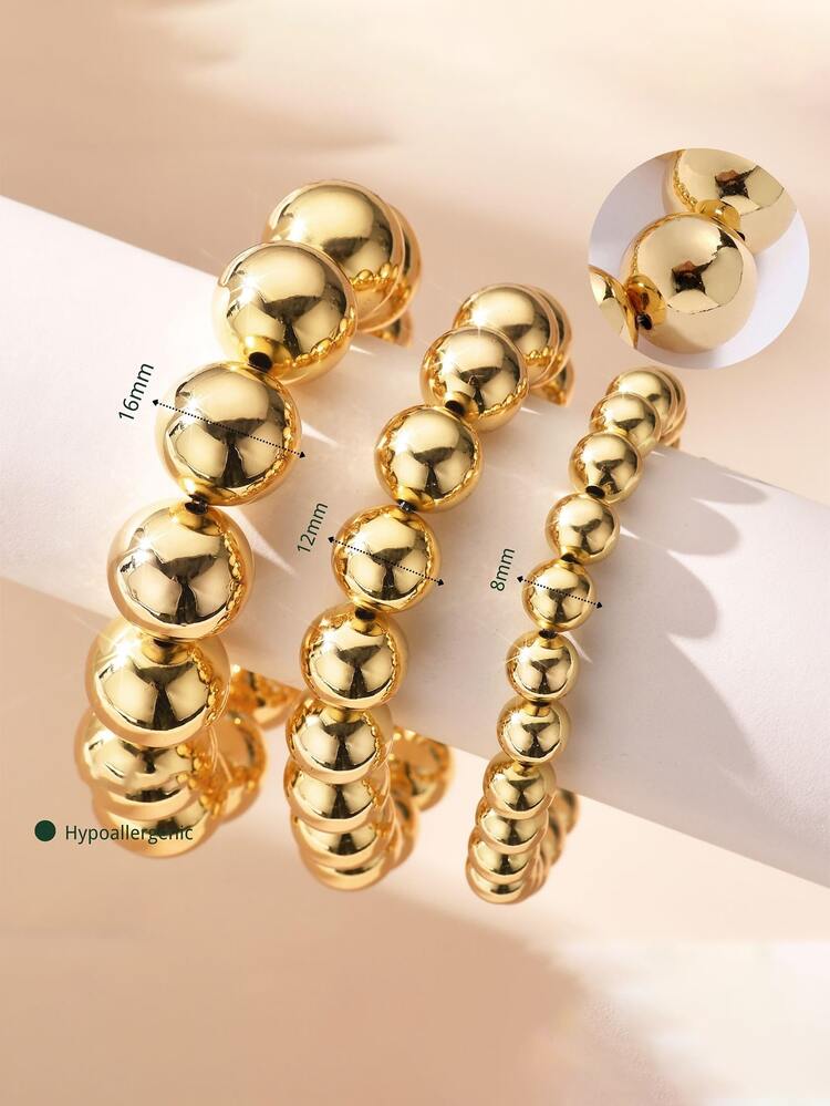 Yanxyad Pulseras de cuentas de oro para mujer, pulseras de cadena chapadas en oro sin desteñir, pulseras con cuentas y eslabones gruesas y delicadas apilables - tamaño de cuentas de 8/12/16mm - Dorado - Añade 1
