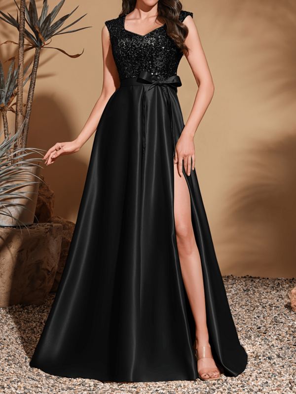 Neues schwarzes Paillettenkleid aus Satin für Damen, hochwertig elegantes Abendkleid mit Schlitz - modisches, charmantes Geburtstagsparty-Kleid, Partykleid, für Hochzeitsgäste