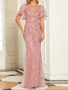 Nowa luksusowa wieczorowa sukienka damska/długa sukienka syreny z dekoltem w serek i krótkim rękawem, elegancka haftowana długa sukienka, odpowiednia na formalne okazje, takie jak wesela/imprezy/spotkania, sukienka imprezowa, suknia, dla gości weselnych