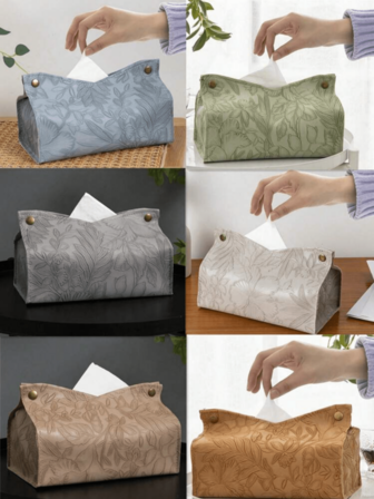 Set Simple Floral Pattern Tissue Box, PU Leather 3D Embossed V-Shape Waterproof Desktop Vertical Tissue Paper Holder, Suitable For Office, Dining Room, Bar, Living Room, Bedroom, Bathroom, Home Stuff, Table, Home Decorations, Home Organization