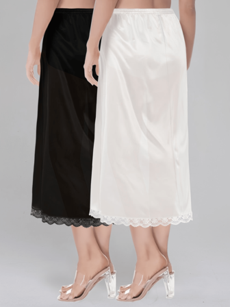 QING ROU 2pcs Comfortable Shapewear Slip Dress Set, Solid Color Seamless Slip Dress With Contrast Lace Trim Lining, Everyday Wear Shapewear