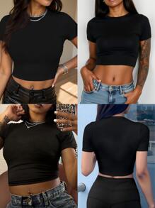 Camiseta corta de manga corta con cuello redondo y ajuste ceñido para mujer, para primavera y verano, estilo casual, camiseta de mujer, top básico de mujer, top corto, tops para salir, mujer de primavera y verano, top de manga corta, primavera, tops, tops de verano, mujer de verano, top, tops para mujer, verano, top corto, camiseta, top negro