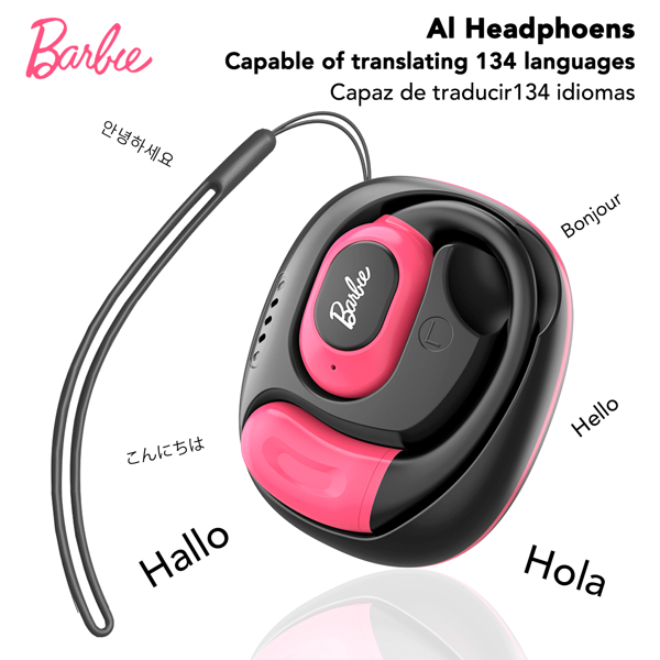 Miniso Căști de traducere fără fir Barbie BM21 Ai, formă inteligentă de 3,7 g, cu căști cu cutie de încărcare, cu inducție de încărcare rafinată, corp mic, 20 de ore de viață ultra-lungă a bateriei, ușor de transportat, potrivit pentru cadoul de ziua iubitelor de fete