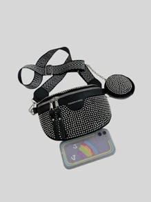 Bolso bandolera, riñonera y bandolera para el pecho con monedero para mujer, con detalles de pedrería, brillo y strass