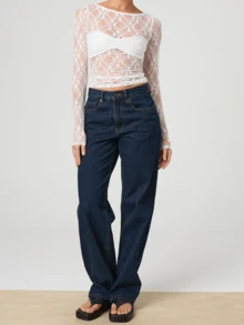 Women's Spring Sheer Short Blouses Long Sleeve Round Neck  Lace Party T-Shirts - 白色 - 查看 5
