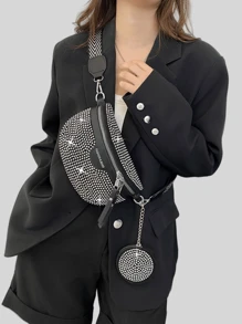 Bolso bandolera, riñonera y bandolera para el pecho con monedero para mujer, con detalles de pedrería, brillo y strass