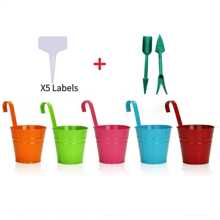 Conjunto de vasos de flores de ferro metálico com 7 peças, inclui 5 vasos de flores de metal, 5 etiquetas de plástico e 1 kit de ferramentas de transplante, para jardim de varanda, vasos de plantas com ganchos removíveis