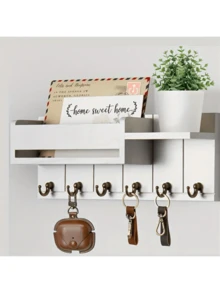 Bộ 1 giá treo chìa khóa bằng gỗ mộc mạc gắn tường có kệ và móc, kiểu nhà nông thôn, hộp đựng thư từ cho lối vào, giải pháp lưu trữ chìa khóa cho trang trí nhà cửa, phòng khách, phòng ngủ, nhà bếp, hành lang, món quà hoàn hảo cho người mới tân gia và những người yêu thích sự ngăn nắp trong nhà, đặc biệt là những người yêu thích thiết kế thẩm mỹ cổ điển. - trắng - Xem 1