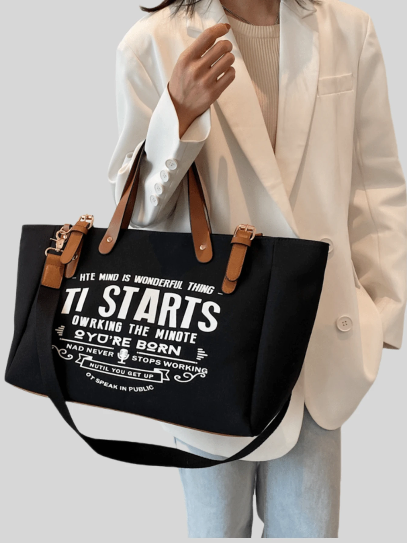 Borsa a tracolla riutilizzabile da donna con stampa a lettere, borsa casual in tela, borsa da scuola o spesa di grande capacità, extra large e rinforzata, borsa da donna, borsa da viaggio in tela