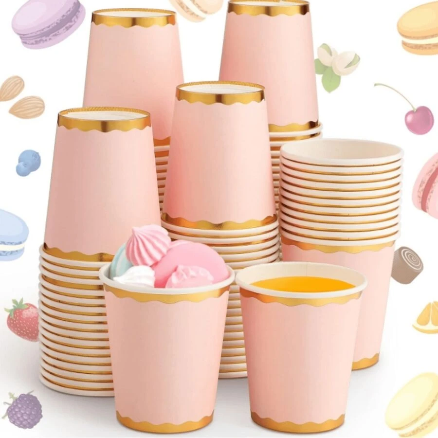 100 Count 9 Oz Light Pink Cups Disposable Coffee Cup Pink Party Paper Tableware For Wedding Holiday Picnic Birthday Party Bridal Favor Coffee Beverage Tea - Pink - View 1