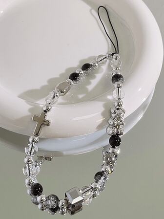 1 件泰迪熊和十字架水晶玻璃珠简约长链，多用途，可挂手机、钥匙、耳机，风格简约