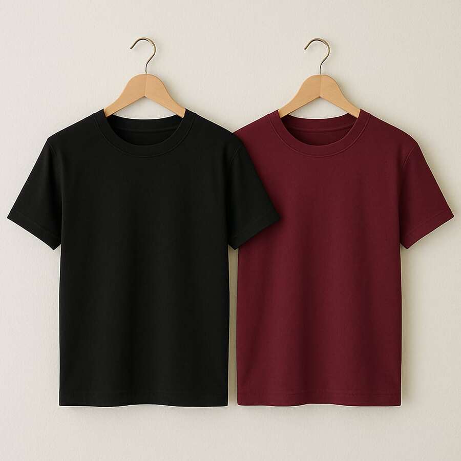 Kit 2 Basic T-Shirts Streetwear Shirt Slim Men's T-Shirt Promotion Cotton Various Colors - 黑色/勃根地酒紅色 - 查看 1