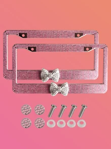 1 pièce Cadre de plaque d'immatriculation en plastique avec décoration en forme de nœud multicolore, fait main avec des strass brillants, livré avec des vis et des outils d'installation, imperméable et anti-rouille