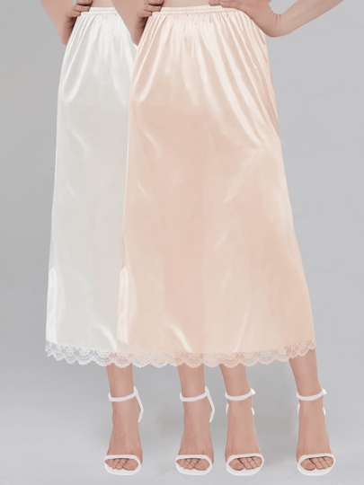 QING ROU 2pcs Comfortable Shapewear Slip Dress Set, Solid Color Seamless Slip Dress With Contrast Lace Trim Lining, Everyday Wear Shapewear