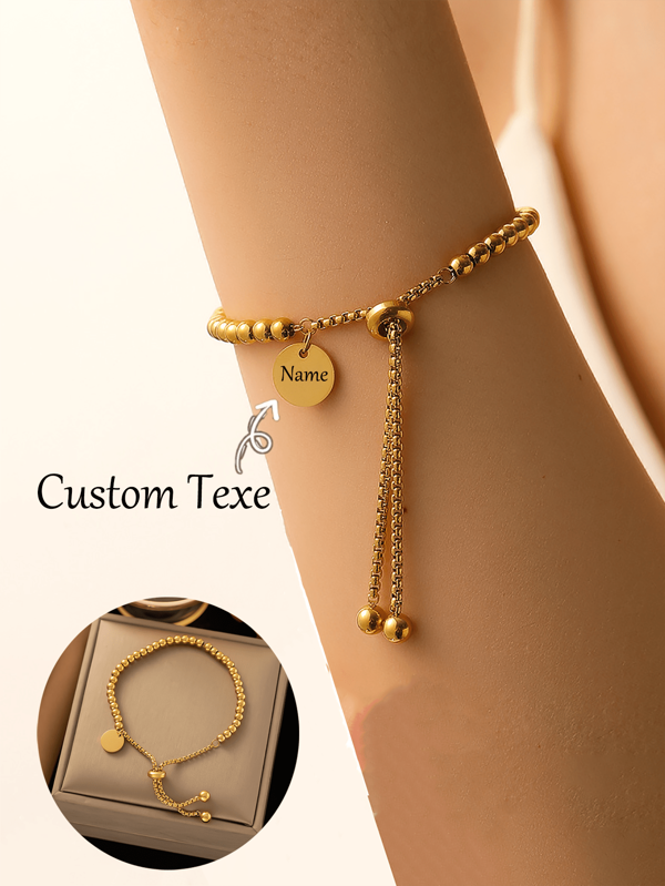 1pc Personalized Name Customization 18k Gold Stainless Steel Round Bracelet, Vintage-Style Pearl Beaded Pendant Necklace, Adjustable Chain, Perfect For Everyday Wear Or Gift Giving, Unique Design, Ins Style, Korean Version, Gentle, Sweet, Inlaid With Rhinestones, Female Friends Preferred Gift, Students, Daily Wear