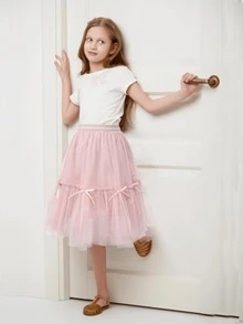 Pink Princess Tutu Skirt For Girls - Mid-Length Summer Tulle Skirt With Bow Detail, Fluffy Mesh Layers, And Elastic Waistband - Perfect For Parties, Performances & Casual Outings, Party Wear Skirt | Fluffy Tulle Skirt | Stylish Youngsters's Wear - Pink - View 3