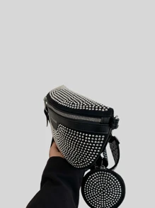 Bolso bandolera, riñonera y bandolera para el pecho con monedero para mujer, con detalles de pedrería, brillo y strass