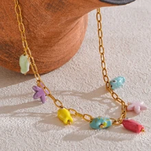 VKHK 1Pc Y2K 18K Gold Plated Stainless Steel Ceramic Starfish Fish Drop Pendant Necklace For Women Fashion Cute Jewelry Gift