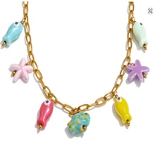 VKHK 1Pc Y2K 18K Gold Plated Stainless Steel Ceramic Starfish Fish Drop Pendant Necklace For Women Fashion Cute Jewelry Gift