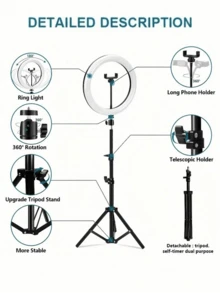 110厘米三脚架/8英寸环形灯，适用于直播、自拍和摄影，配备灵活的三脚架和手机支架，兼容安卓手机，可用于摄影、自拍、视频录制、Zoom会议、采访、直播、Vlog、家庭聚会、圣诞派对、手持自拍、户外活动等。 - 彩色 - 查看 6