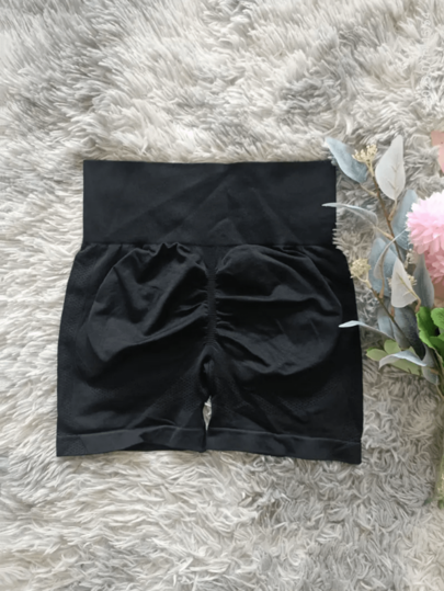 Damskie, obcisłe, wysokie spodenki do jogi - rozciągliwe i wygodne, w jednolitym czarnym kolorze, mieszanka nylonu i elastanu, nadające się do prania w pralce, do ćwiczeń o każdej porze roku, spodnie fitness i do jogi