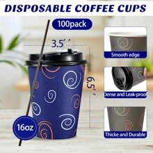 100 Pack 16 Oz Paper Cups, Disposable Coffee Cups With Lids And Straws, Drinking Cups For Water, Coffee, Tea, Hot Coffee Cups For Home, Shops And Cafes - Multicolor - View 2