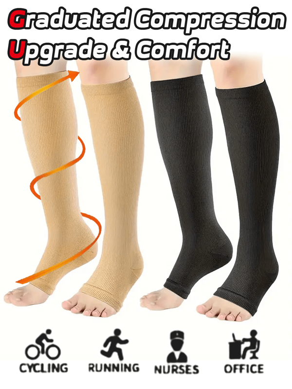 2 Pairs Unisex Copper Compression Socks, Open Toe Knee-High For Running Cycling Yoga - Breathable Blend, Durable Washable Knit Fabric