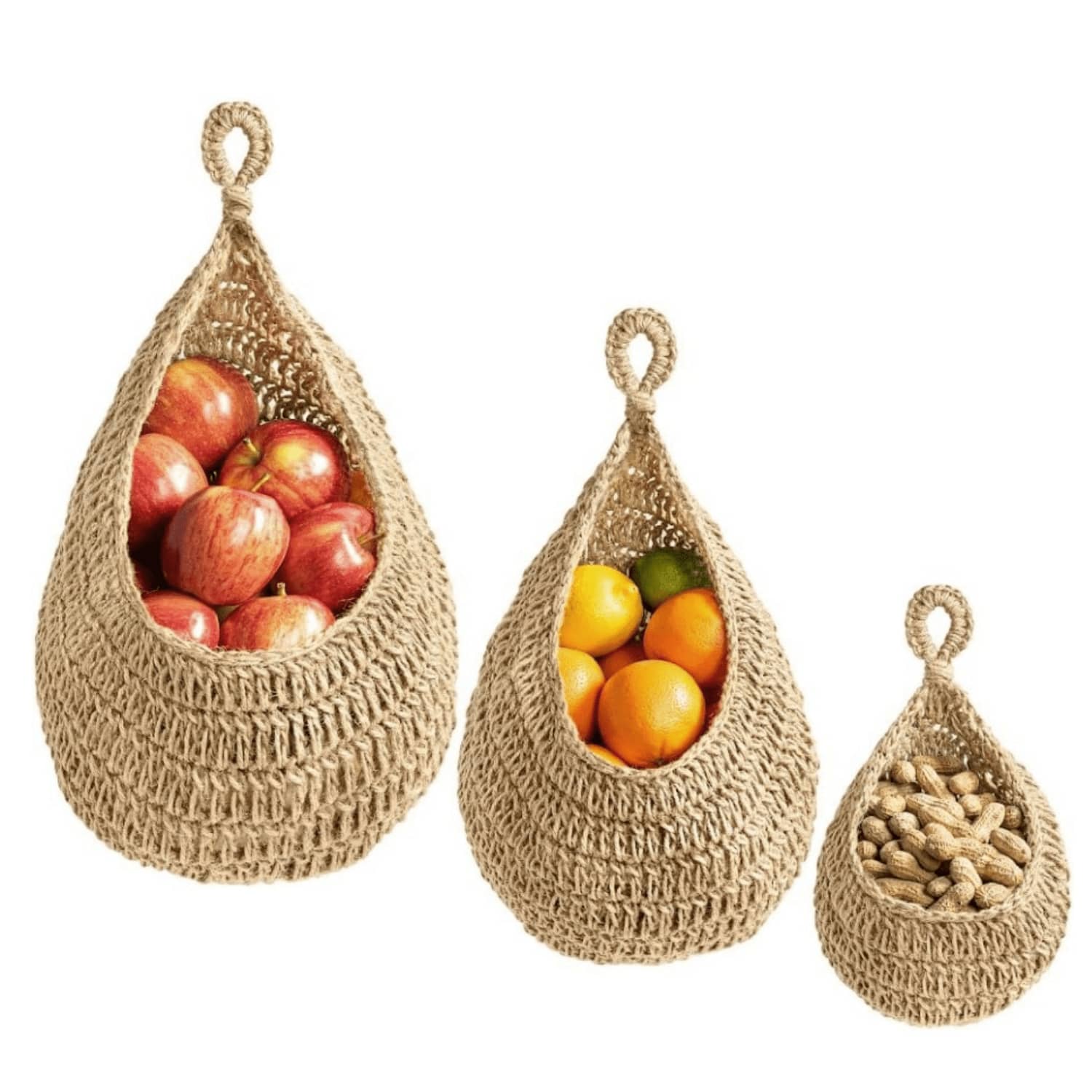 Cesta colgante - Cesta colgante de mimbre para almacenamiento de frutas frescas, contenedor de verduras para patatas, cebollas, ajos, soporte para plantas - Organizador de despensa de cocina hecho a mano - Marrón - Ver 1