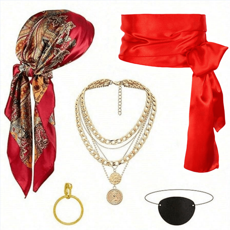 5 pièces Ensemble d'accessoires de costume de pirate, comprenant un chapeau de pirate pour femme, un foulard de pirate, une ceinture de taille de pirate, une décoration de combinaison et des couleurs variées pour Halloween