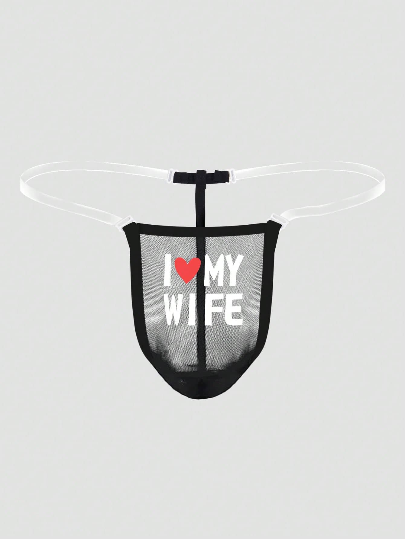 Men's Black Sexy Mesh Breathable Comfortable Heart & Letter Print Crotch Pouch Thong Underwear, Opaque