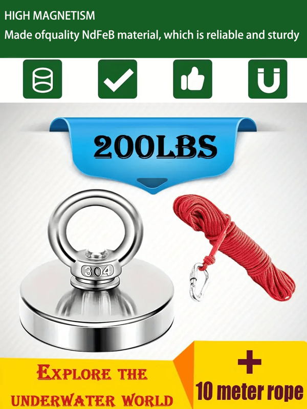 1 قطعة/2 قطعة أداة استرداد مغناطيسية تحت الماء، تتحمل قطر 90 مم، قوة سحب 140 كجم، مغناطيس استرداد نيوديميوم مع/بدون حبل