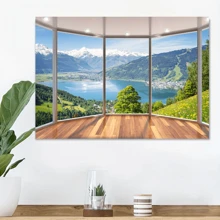 1pc 3D Natural Lake Scenery Fake Window Wall Sticker, Snowy Mountain Lake And Stream Outdoor View Wall Decal For Living Room, Bedroom, Dining Room, Removable And Reusable Wall Art, 29.53 Inch * 19.69 Inch Room Decor Home Decor Stickers Wall Decor Wall Stickers