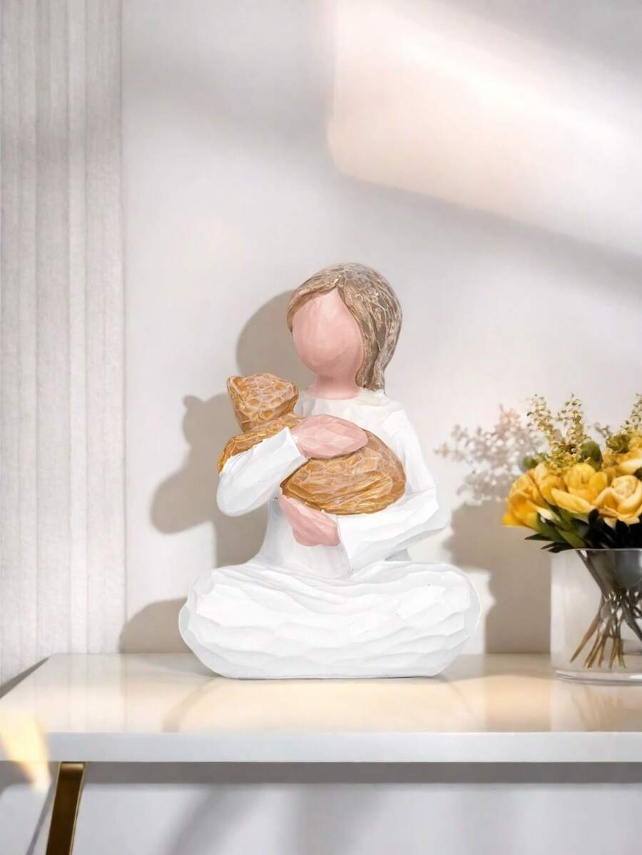 1pc Girl And Cat Sculpture, Symbolizing Harmony Between Humans And Animals, Suitable As A Gift For Family, And Friends - Multicolor - View 1