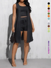 Casual Ribbed 3-Piece Set, Crop Top+High Waisted Drawstring Pants+Long Cardigan, Women's Clothing - 黑色 - 查看 4