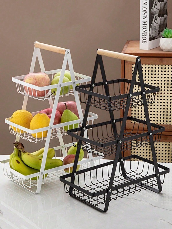 1pc 2/3 Tiers Countertop Fruit Basket Fruit Bowl Bread Basket Vegetable Holder For Kitchen Storage, Storage Basket Countertop For Bathroom, Basket Bowl Stand Detachable Metal Wire Basket With Wooden Handle For Bathroom Storage Rack