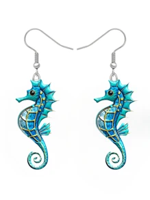 2 Stücke acrylblaue Seepferdchen Muster Cartoon Ohrringe für Frauen, Sommer Strand Ohrringe, Boho Stil, Alltagstragen, Party Accessoire, perfektes Geschenk für Familie/Freunde