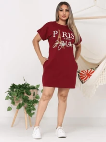 Women's Casual Short Dress T-Shirt Style Oversized T-Shirt Dress - Đỏ - Xem 2