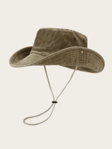 1pc Bucket Hat Summer SunShading Hat Vintage Washed Bucket Hat Outdoor Fashionable Face Slimming Hat Suitable For Outdoor Daily Use - Khaki - View 1