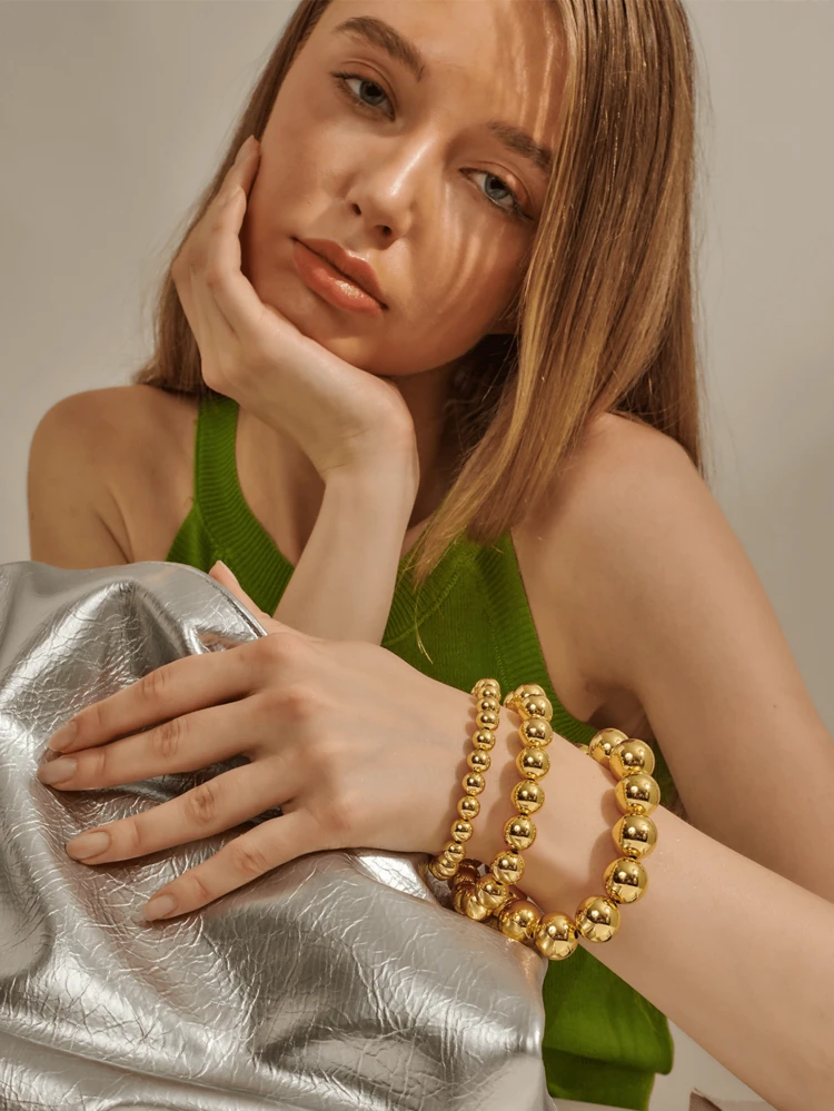 Yanxyad Pulseras de cuentas de oro para mujer, pulseras de cadena chapadas en oro sin desteñir, pulseras con cuentas y eslabones gruesas y delicadas apilables - tamaño de cuentas de 8/12/16mm - Dorado - Añade 2