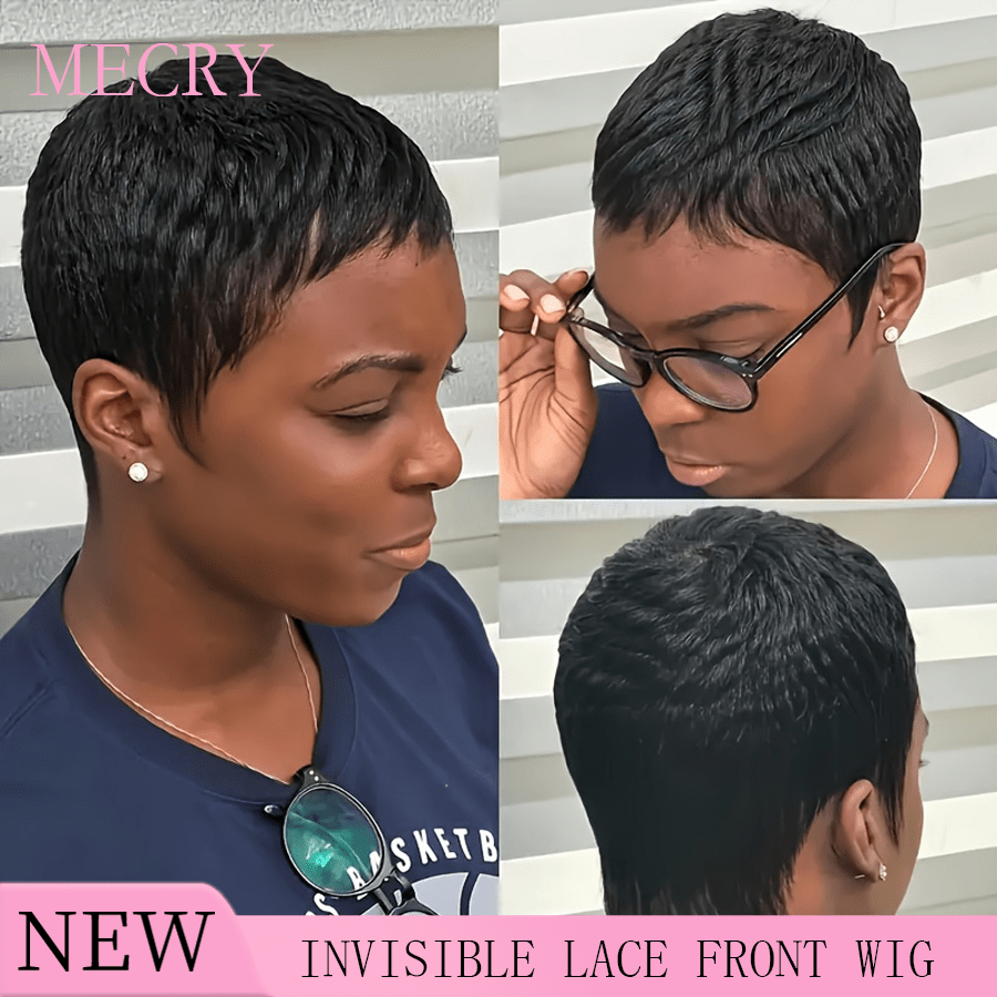 MECRY Damen Pixie Schnitt Perücke mit Pony - 150% Dichte brasilianisches Echthaar, glatt, vollautomatisch gefertigt, Rosennetz Kappe, Grundstil, geeignet für alle kurzen Pixie Schnitt Perücken, vollautomatisch gefertigt, schwarze Farbe mit Remy brasilianischem Echthaar für