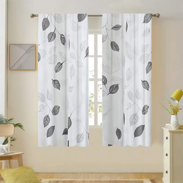 2 pièces Rideaux élégants à motif de feuilles noir et blanc - Polyester semi-transparent, conception à passants pour salon, chambre à coucher, cuisine, café - Améliore la lumière naturelle, ajoute du style (sans barre de rideau incluse), rideaux pour salon
